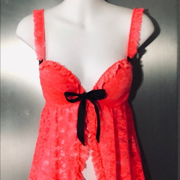 💕La Senza Hot Coral Padded Push Up Bra Lace Babydoll Lingerie w/Panties S NWOT💕 - Picture 3 of 16